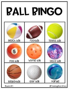 a poster with different types of balls and numbers on it's front cover, which includes the words ball bingo