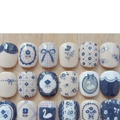 Nail Doodles Art Designs, Nail Art Stamp, Calico Nails, Light Blue Wedding Nails, Cool Tone Nails, Navy Nail Designs, Porcelain Nail Art, Nail Art Winter