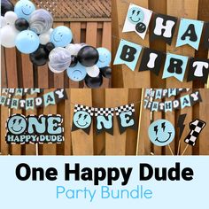 one happy dude birthday party bundle with balloons, streamers and buntings on wooden fence