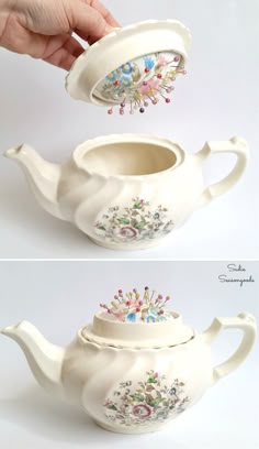 two pictures of a teapot with flowers painted on it