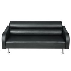 a black leather couch sitting on top of a metal frame chair with arms and legs