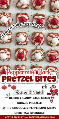 A pin graphic for pretzel bites with peppermint candy cane kisses. One picture with a text box in the middle with the title of the recipe and a list of ingredients needed. Easy Christmas Treat, Peppermint White Chocolate, Peppermint Pretzel, Christmas Pretzels, Easy Christmas Candy Recipes, Pretzel Treats, Christmas Sweet Treats, Peppermint White, Xmas Treats