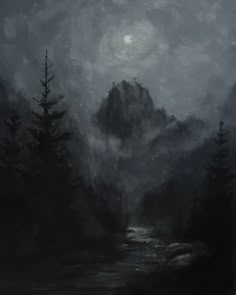 an oil painting of a river in the woods