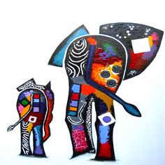 an elephant and its baby are painted in bright colors on the white paper with black accents