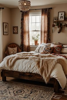 a bedroom with a bed, rugs and pictures on the wall above it in front of a window