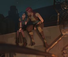 two people sitting on top of a stair case next to each other in an animated scene