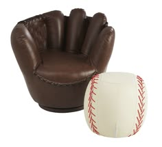 a baseball themed chair and footstool sitting next to each other