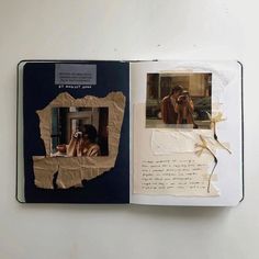 an open book with torn paper and pictures on it's cover, including a woman taking a selfie