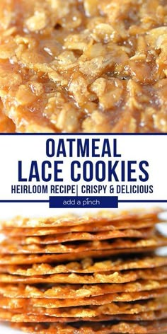 oatmeal lace cookies stacked on top of each other with text overlay