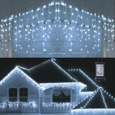 two pictures side by side showing the same house covered in christmas lights