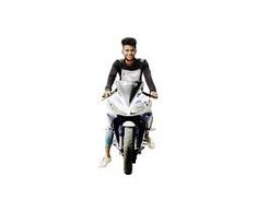 a man riding on the back of a white and black motorbike in front of a white background