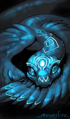 a drawing of an owl with blue eyes and wings on it's head, glowing in the dark