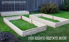 four wooden raised garden beds sitting in the grass with text overlay that reads raised garden beds