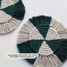 two green and white woven coasters with tassels on the sides, one is circular