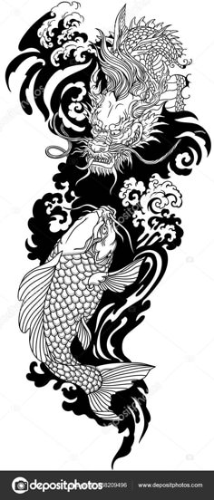 two koi fish in the water with waves and clouds on it's back