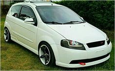 a small white car parked on top of a grass covered field in front of bushes