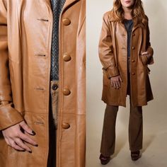 ~Classic light brown leather trench coat style jacket! ~Authentic vintage, 1970s ~Soft brown leather ~Button down front closure ~Good pre-loved vintage condition,some natural signs of wear from age but overall has held up nicely with no major flaws Best fits women's size medium-large ( PLEASE C Vintage Brown Leather Coat, Vintage Tan Leather Coat, 70s Leather Trench Coat Women, Vintage Brown Trench Coat, 70s Hipster Brown Leather Coat, Vintage 1970s Brown Leather Coat, Vintage 70's Leather Trench Coat, 70s Leather Trench Coat, Vintage 70s Brown Leather Jacket