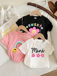 3pcs Young Girls' Casual Cartoon Flower & Rainbow Pattern Short Sleeve T-Shirt Set, Summer Tee, Cute Shirt Multicolor Casual  Short Sleeve Knitted Fabric Cartoon,Geometric,Letter,Plants  Slight Stretch  Young Girls Clothing, size features are:Bust: ,Length: ,Sleeve Length: Dessin Tee-shirts Patron, Flower Rainbow, Kids Clothes Patterns, Cartoon Flower, Cartoon Flowers, Rainbow Pattern, Summer Tee, Casual Girl, Girls Clothing