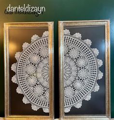 two framed pictures with doily on them in front of a green wall and the words, dandtidajay