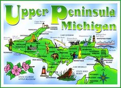 an illustrated map of the state of michigan with all its towns and major landmarks on it