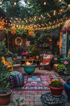 Cheap small garden ideas with a colorful, cozy garden filled with flowers, string lights, and comfortable seating. Small Garden Feature Ideas, Decorating Ideas For Garden, Colourful Courtyard Garden, Small Patio Garden Ideas Budget, Small Outdoor Spaces Patio, Garden Boho Ideas, Small Garden Yard Ideas, Rented Garden Ideas, Small Courtyard Garden Ideas Budget