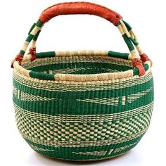 a green and white basket with red handles on the bottom, sitting in front of a white background