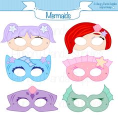 mermaid mask cutouts with different colors and designs on the front, side, and back