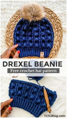 the free crochet hat and mittens pattern is shown with text that reads, drexel beanie free crochet hat pattern