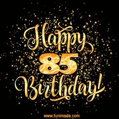 happy 65th birthday card with gold confetti and sparkles on black background