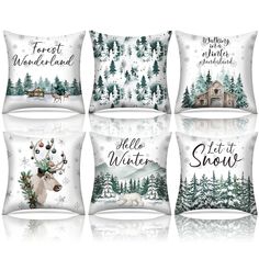 four pillows with christmas themed designs on them