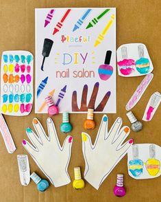 the diy nail salon kit is laid out on top of a cardboard box and surrounded by other crafting supplies