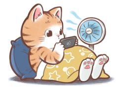 a drawing of a cat laying on top of a pillow looking at a cell phone