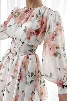 MissJophiel Puff hosszú ujjú virágmintás sifon miniruha White Floral Dress Long Sleeve, Puff Sleeves Long Dress, A Line Chiffon Dress, Cute Flower Dresses Casual, Shifon Dress Ideas, Full Sleeve Dress Designs, Full Sleeves Designs For Dresses, Chiffon Sleeves Design, Chiffon Dress Designs Style