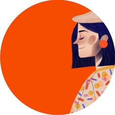 an illustration of a woman with her eyes closed and head tilted to the side, in front of an orange circle