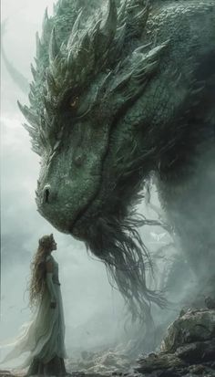 a woman standing next to a large dragon on top of a rocky hillside in front of a cloudy sky