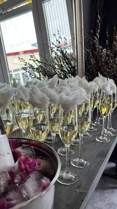 many wine glasses are lined up on a table with ice and flowers in the middle