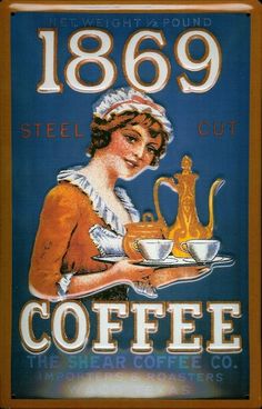 an advertisement for coffee featuring a woman holding a tray with a teapot on it