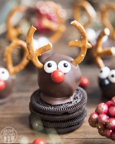 chocolate reindeer candies are on top of cookies