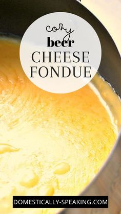 cheese fondue in a pan with text overlay