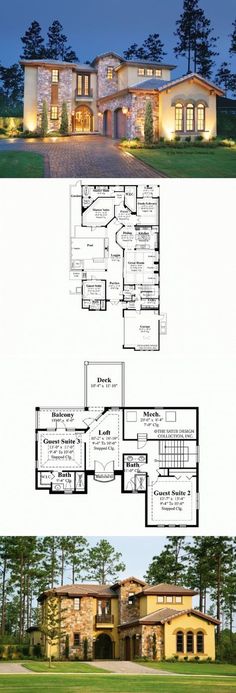 two story house plans with an open floor plan and large front yard area in the middle