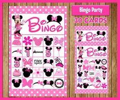 a minnie mouse birthday party game with pink and white polka dots on the front, mickey mouse