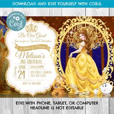 an image of a princess birthday party with the text, edit and printable for free