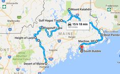 the maine natural wonders road trip map with red car and blue line on it's route