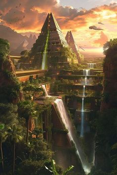 an artist's rendering of a futuristic city with waterfall and mountains in the background