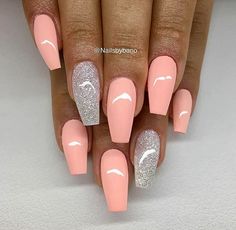 Nails Peach Nails, Coral Nails, Gel Nail Art Designs, Summer Acrylic Nails, Silver Nails, Coffin Nails Designs, Halloween Make