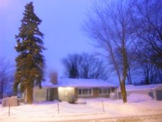 a house covered in snow next to a tree