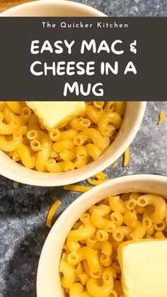 two white bowls filled with macaroni and cheese on top of a marble counter