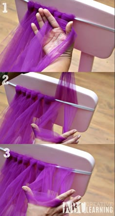 a woman's hands are holding onto a chair with purple tulle on it