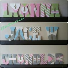 three wooden letters that spell out the word's name in different colors and sizes