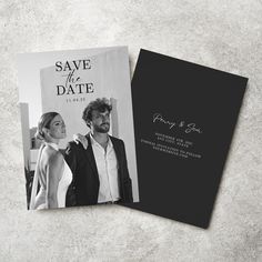 a black and white save the date card with an image of a man and woman